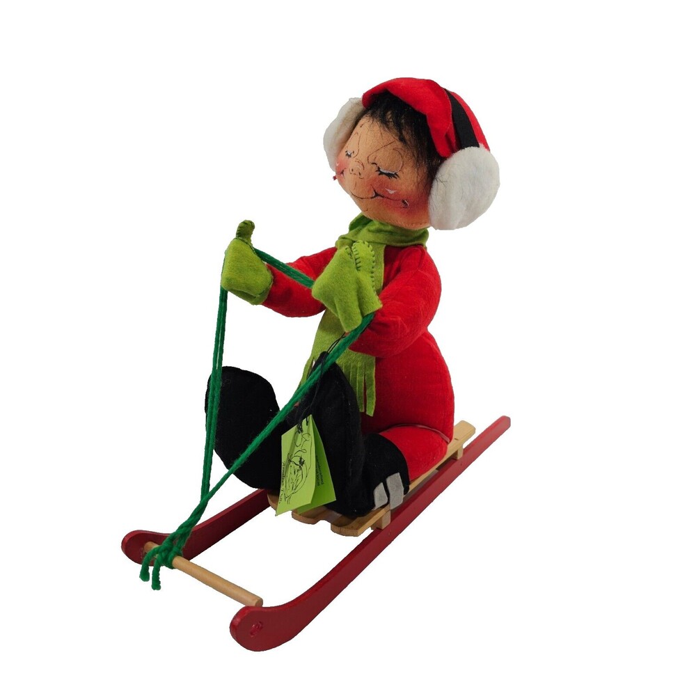VINTAGE 1980s 14" Annalee Mobilitee Doll Girl Sled Sleigh Christmas Holiday Deco